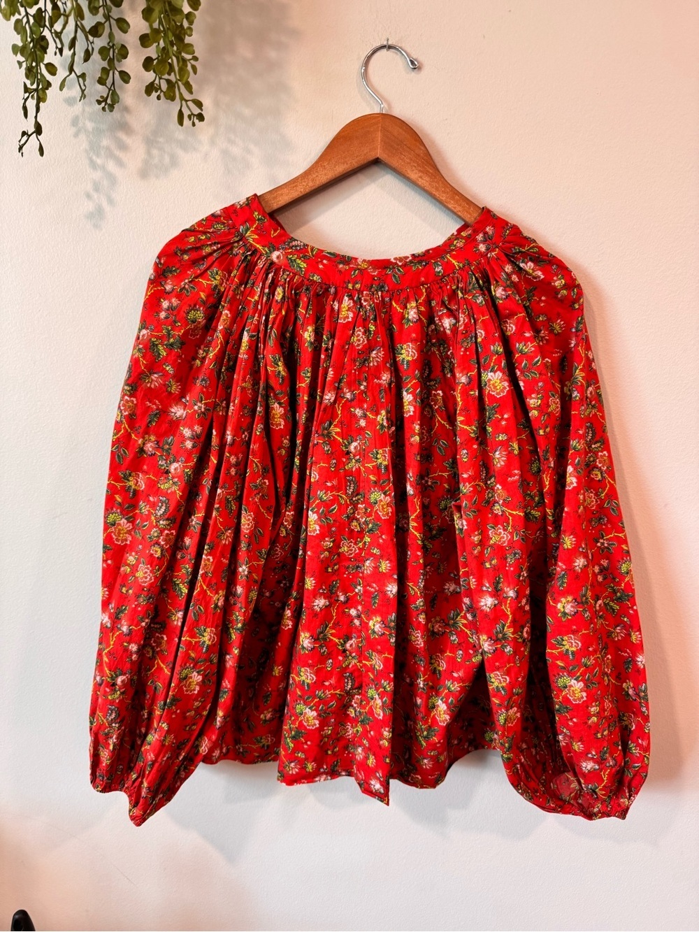 RHODE Red Floral Peasant Blouse with Tie Neck Size M - Picture 4 of 8